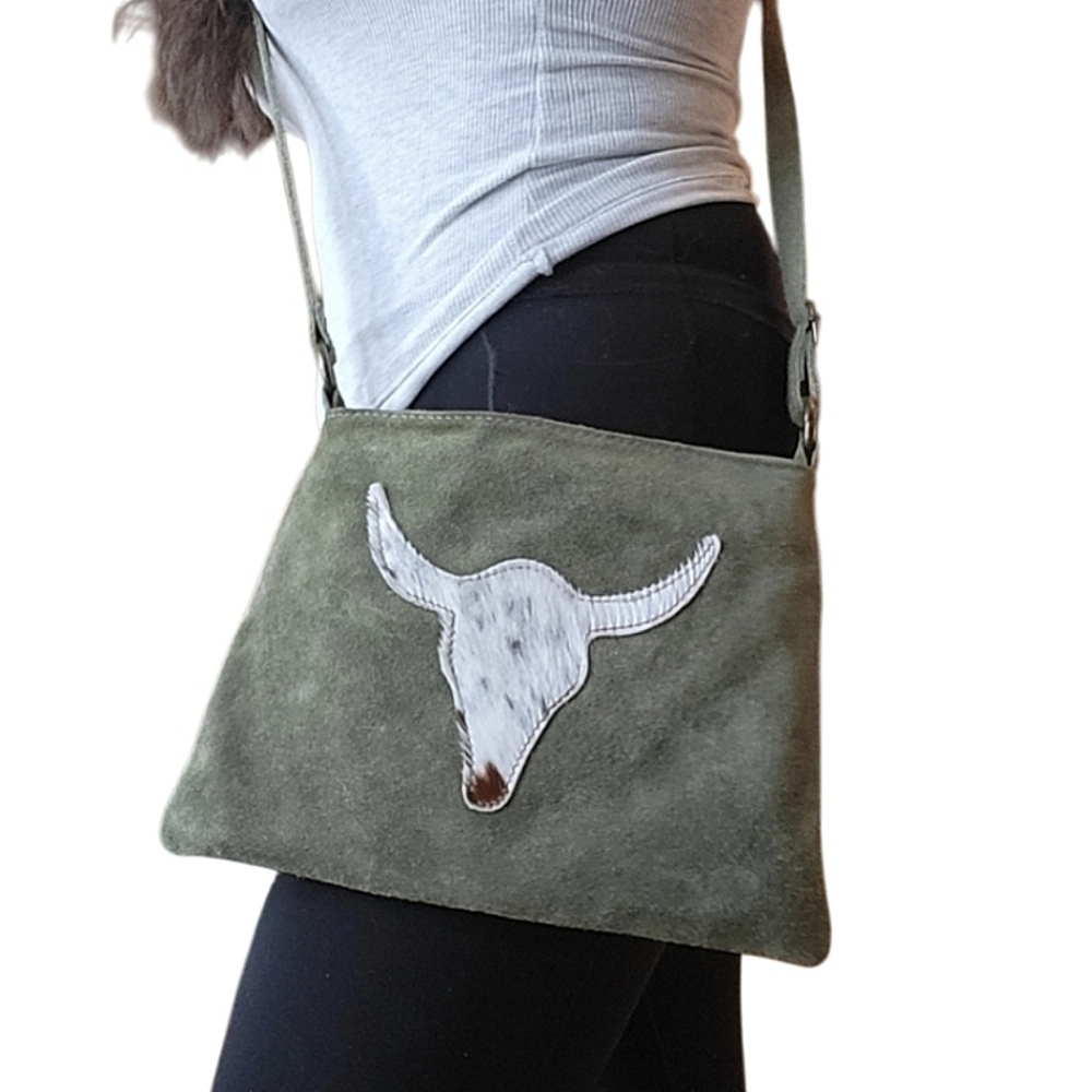 Olive Green Suede Crossbody Bag with Bull Patch